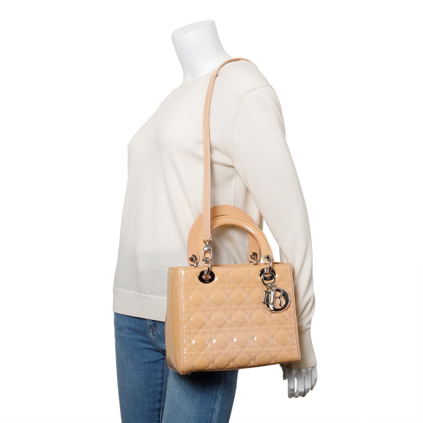 Christian Dior Beige Cannage Patent Leather Small Lady Dior Bag