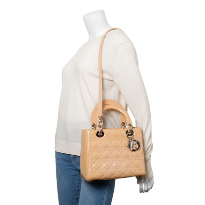 Christian Dior Beige Cannage Patent Leather Small Lady Dior Bag