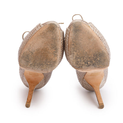 Christian Dior Beige Python Embossed Leather Lace-Up Peep-Toe Pumps, Size 36