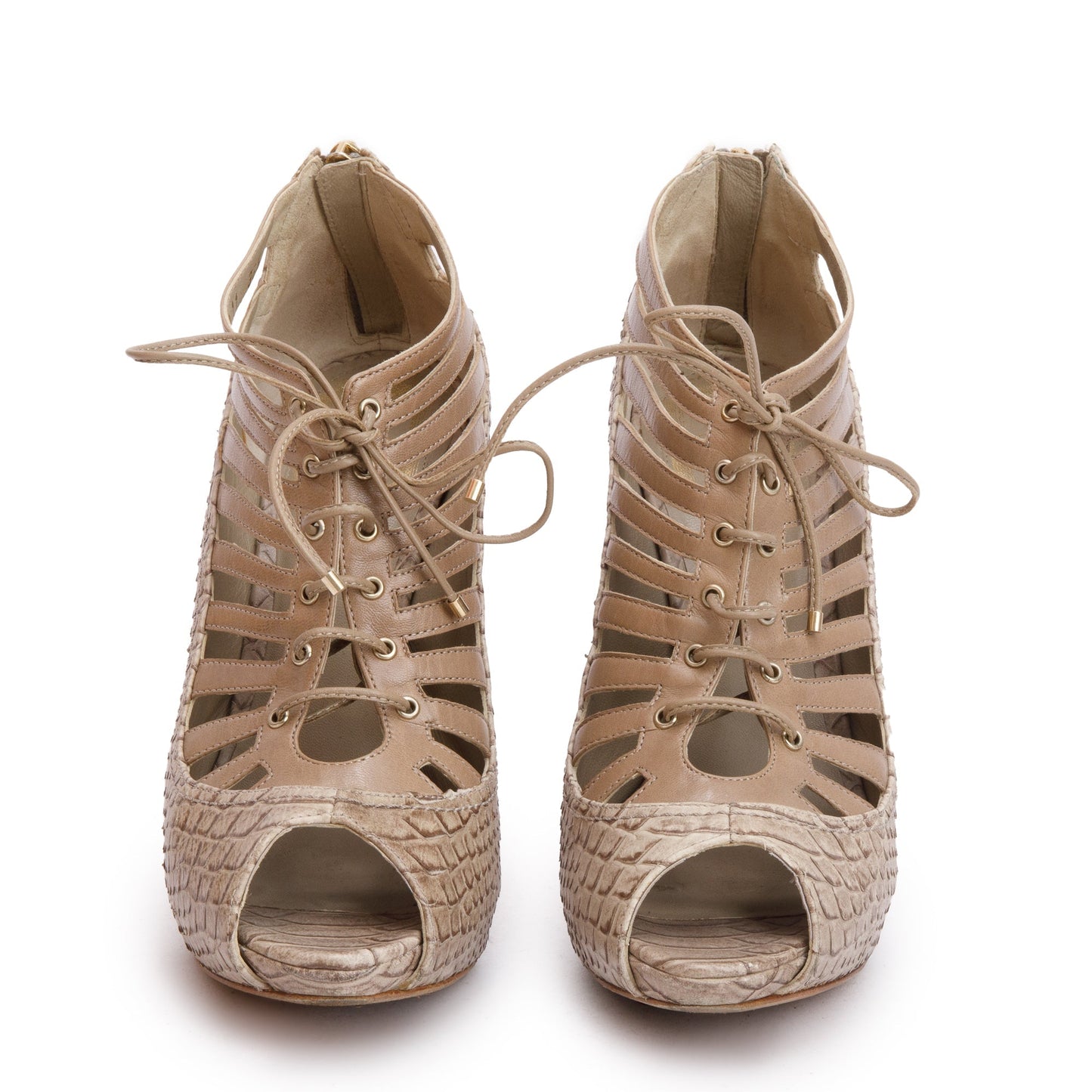 Christian Dior Beige Python Embossed Leather Lace-Up Peep-Toe Pumps, Size 36