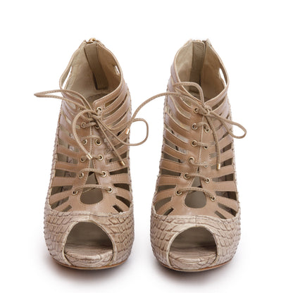 Christian Dior Beige Python Embossed Leather Lace-Up Peep-Toe Pumps, Size 36