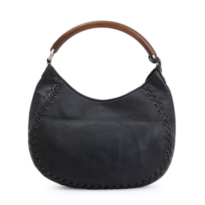 Christian Dior Black Calfskin Leather Wooden Handle Ethnic Braided Hobo