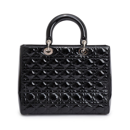 Christian Dior Black Cannage Patent Leather Large Lady Dior Bag