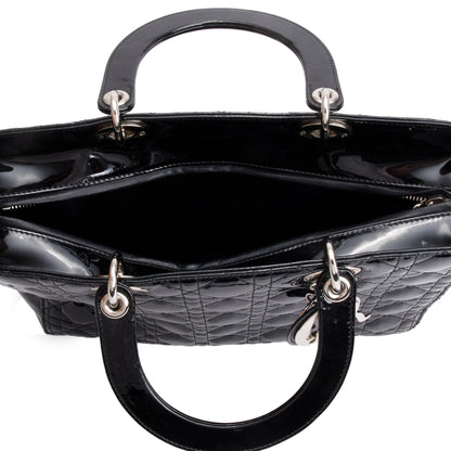 Christian Dior Black Cannage Patent Leather Large Lady Dior Bag