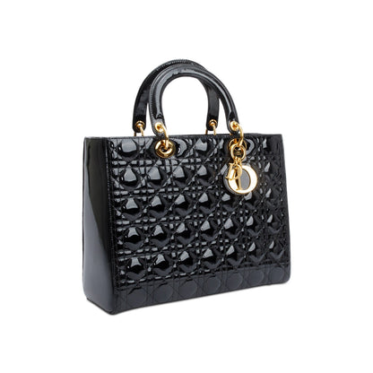 Christian Dior Black Cannage Patent Leather Large Lady Dior Bag