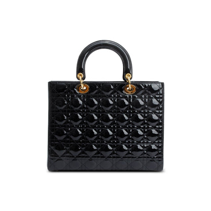 Christian Dior Black Cannage Patent Leather Large Lady Dior Bag