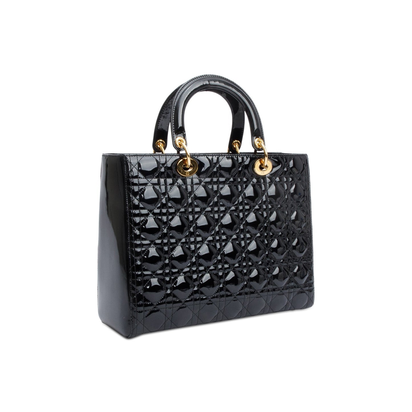 Christian Dior Black Cannage Patent Leather Large Lady Dior Bag