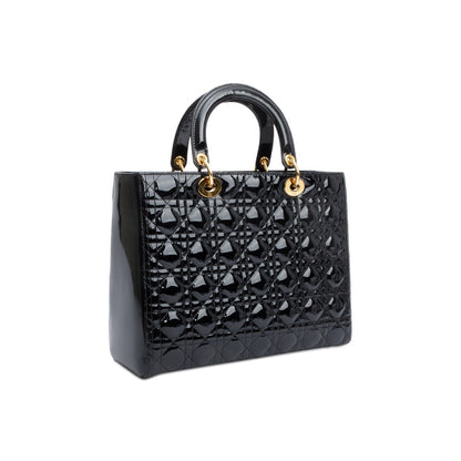 Christian Dior Black Cannage Patent Leather Large Lady Dior Bag