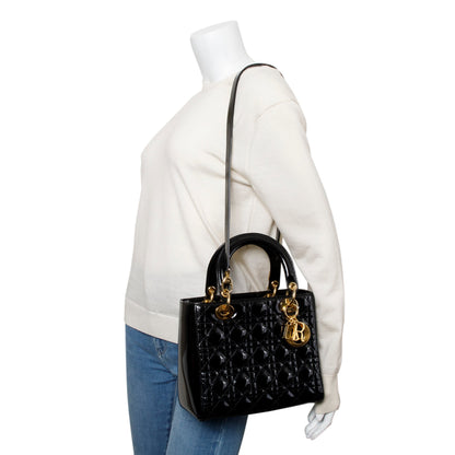 Christian Dior Black Cannage Patent Leather Medium Lady Dior Bag