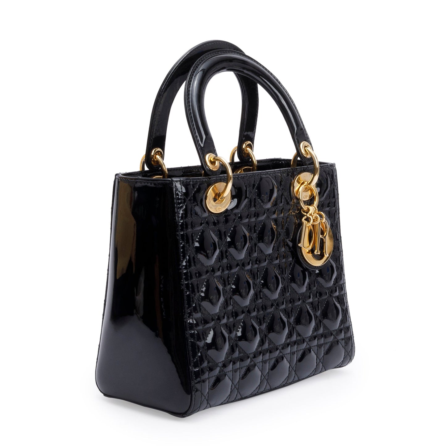 Christian Dior Black Cannage Patent Leather Medium Lady Dior Bag