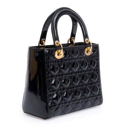Christian Dior Black Cannage Patent Leather Medium Lady Dior Bag