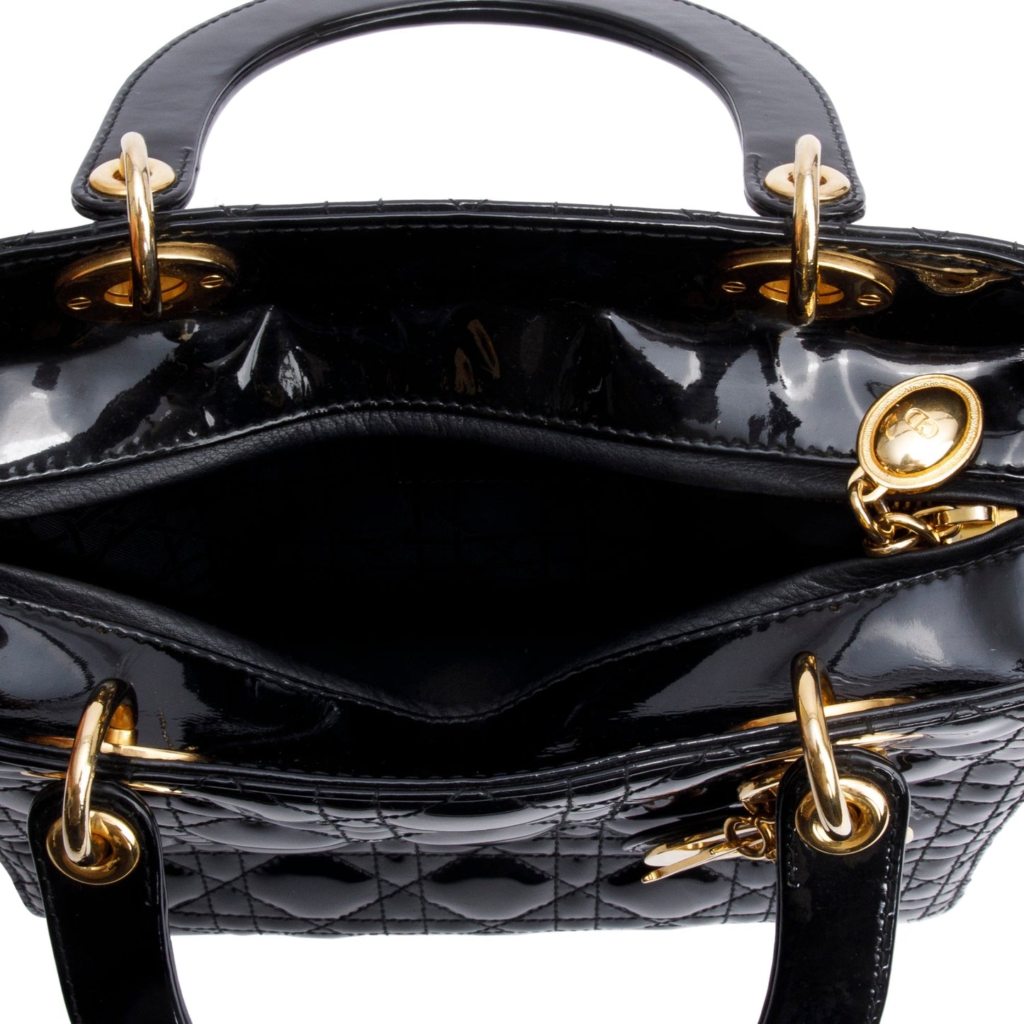 Christian Dior Black Cannage Patent Leather Medium Lady Dior Bag
