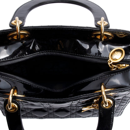 Christian Dior Black Cannage Patent Leather Medium Lady Dior Bag