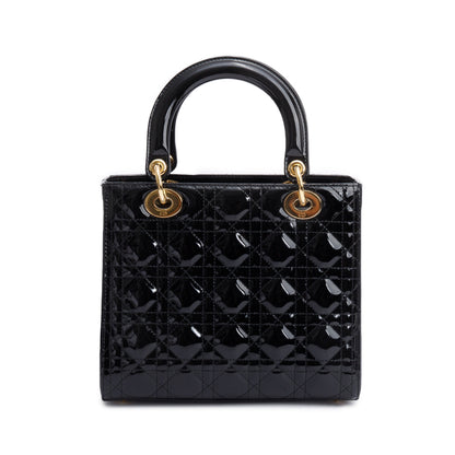 Christian Dior Black Cannage Patent Leather Medium Lady Dior Bag
