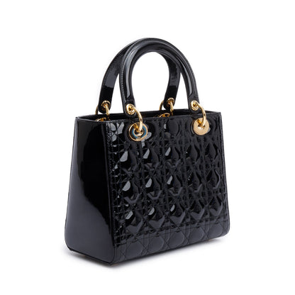 Christian Dior Black Cannage Patent Leather Medium Lady Dior Bag
