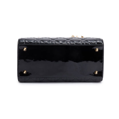 Christian Dior Black Cannage Patent Leather Medium Lady Dior Bag