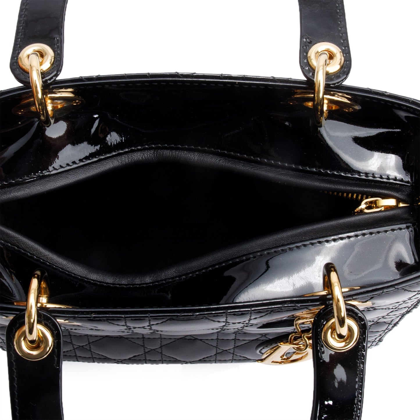 Christian Dior Black Cannage Patent Leather Medium Lady Dior Bag