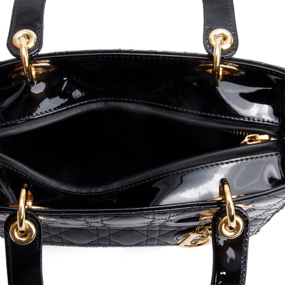 Christian Dior Black Cannage Patent Leather Medium Lady Dior Bag