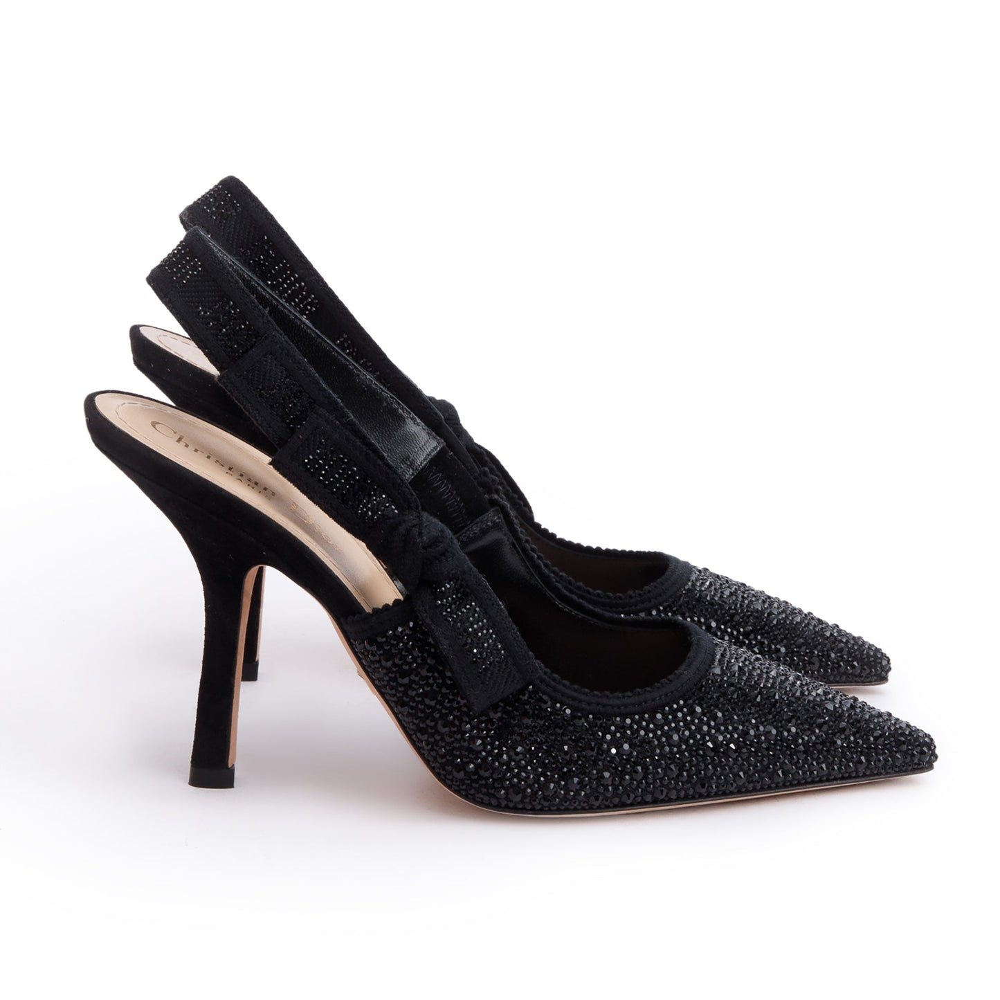 Christian Dior Black Leather Crystal Embellished J'Adior Slingback Pumps, Size 38