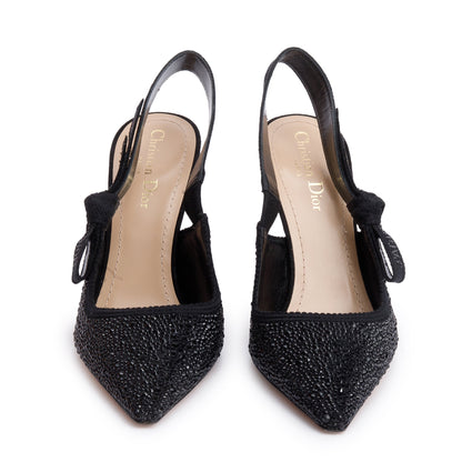 Christian Dior Black Leather Crystal Embellished J'Adior Slingback Pumps, Size 38