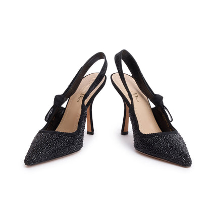 Christian Dior Black Leather Crystal Embellished J'Adior Slingback Pumps, Size 38