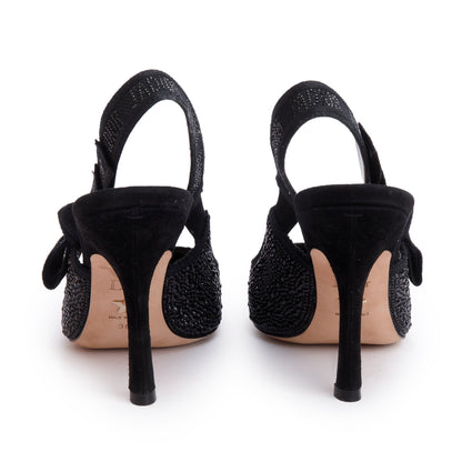 Christian Dior Black Leather Crystal Embellished J'Adior Slingback Pumps, Size 38
