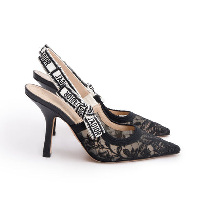 Christian Dior Black Mesh Chardons Embroidery J'Adior Slingback Pumps, Size 37