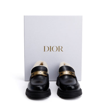 Christian Dior Black Smooth Calfskin Leather White Shearling Boy Loafers, Size 39