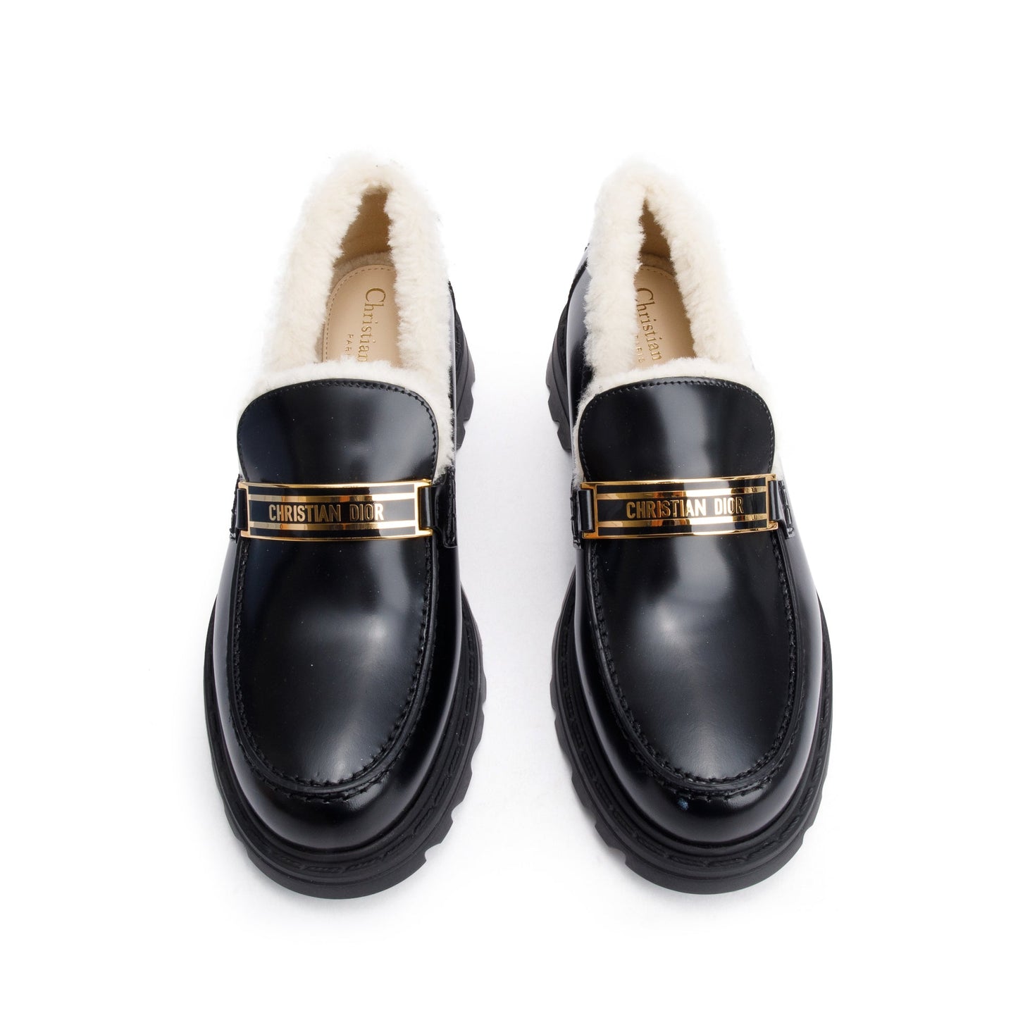 Christian Dior Black Smooth Calfskin Leather White Shearling Boy Loafers, Size 39