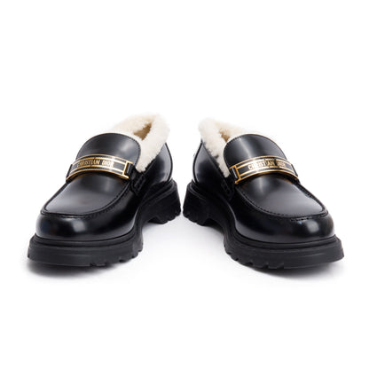 Christian Dior Black Smooth Calfskin Leather White Shearling Boy Loafers, Size 39