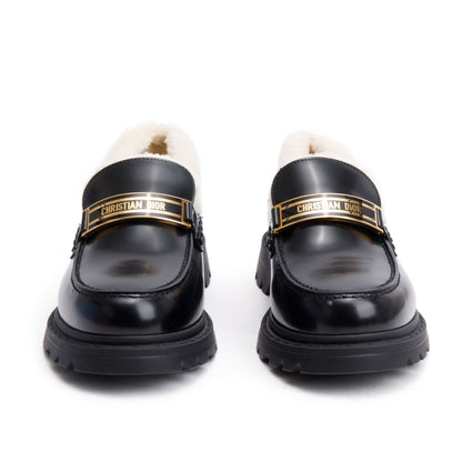 Christian Dior Black Smooth Calfskin Leather White Shearling Boy Loafers, Size 39
