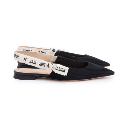 Christian Dior Black Technical Fabric Embroidery J'Adior Slingback Flats, Size 36