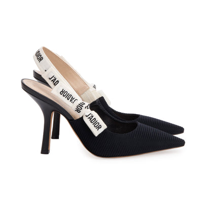 Christian Dior Black Technical Fabric Embroidery J'Adior Slingback Pumps, Size 37.5