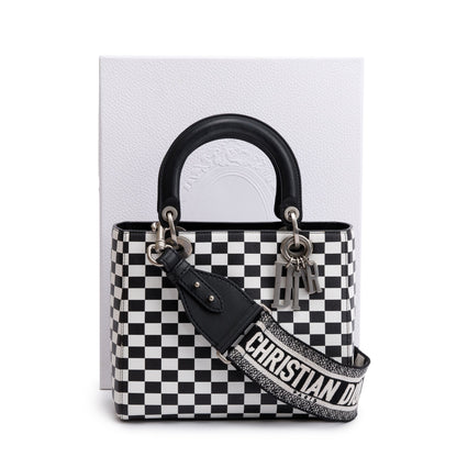 Christian Dior Black & White Check Print Leather Medium Lady Dior Bag