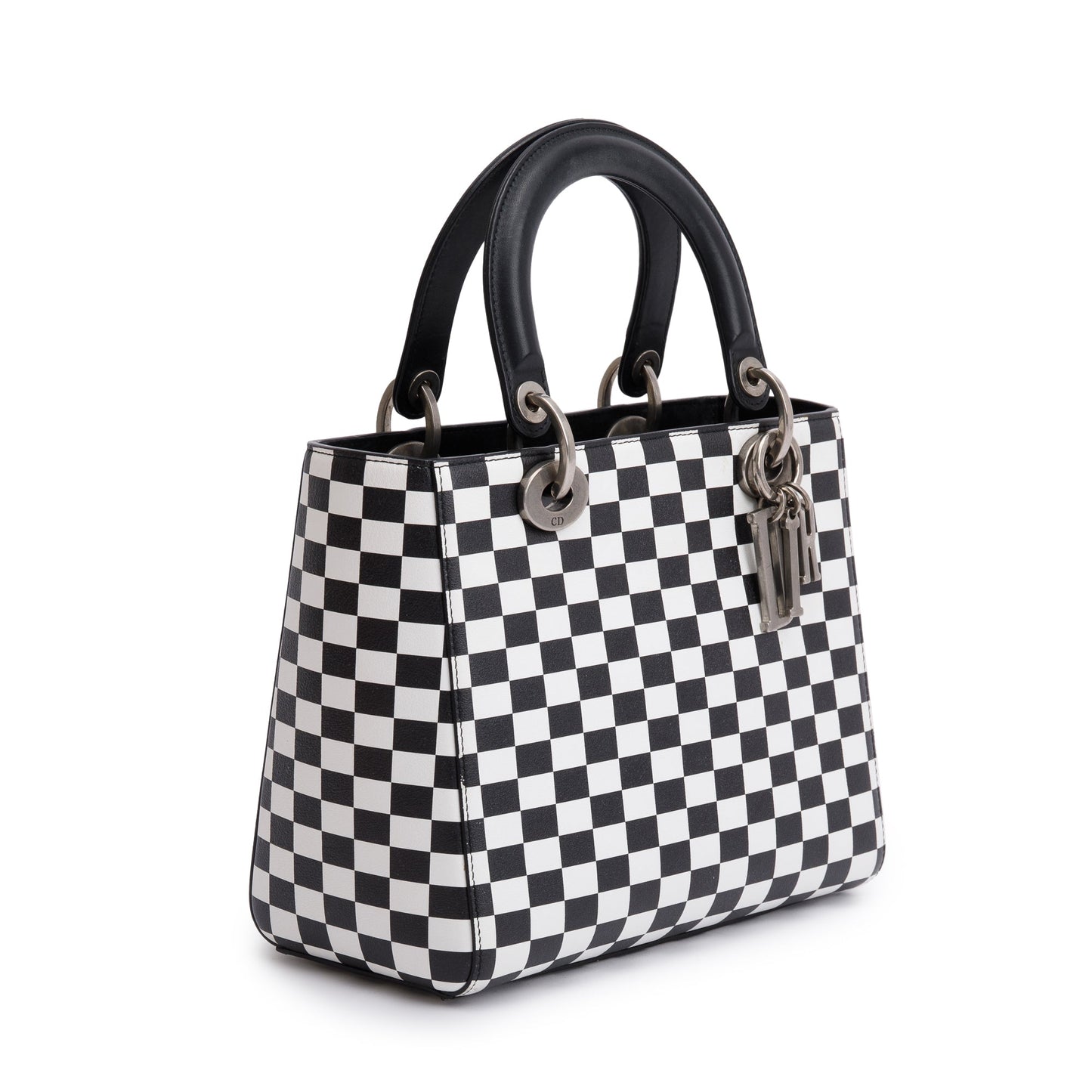 Christian Dior Black & White Check Print Leather Medium Lady Dior Bag