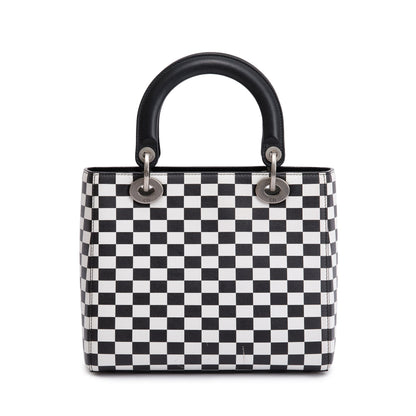 Christian Dior Black & White Check Print Leather Medium Lady Dior Bag