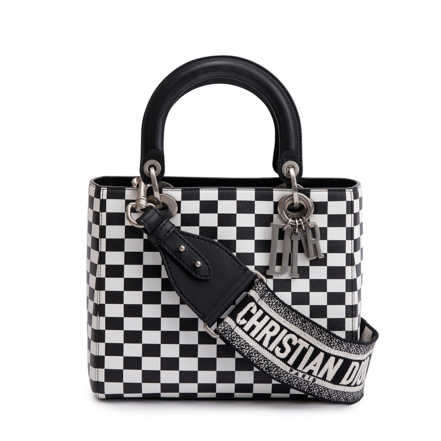 Christian Dior Black & White Check Print Leather Medium Lady Dior Bag