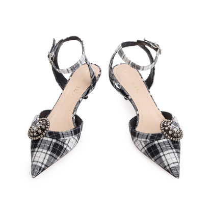 Christian Dior Black/White Tartan Fabric Dior Gang Slingback Pumps, Size 36.5