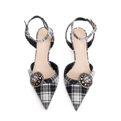 Christian Dior Black/White Tartan Fabric Dior Gang Slingback Pumps, Size 36.5