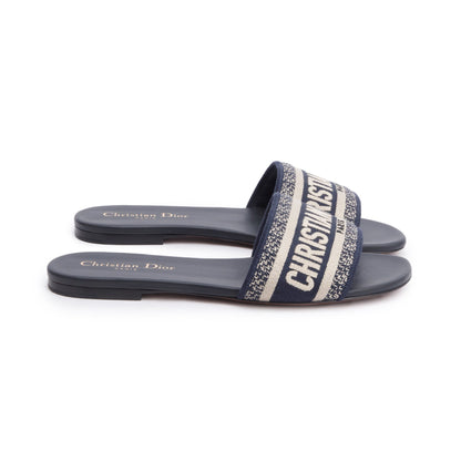 Christian Dior Deep Blue Embroidered Cotton Dway Slide, Size 37.5