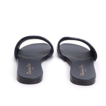 Christian Dior Deep Blue Embroidered Cotton Dway Slide, Size 37.5