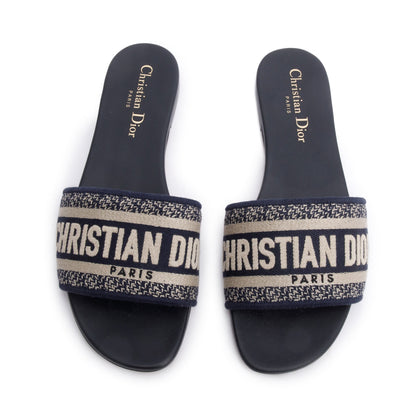 Christian Dior Deep Blue Embroidered Cotton Dway Slide, Size 37.5