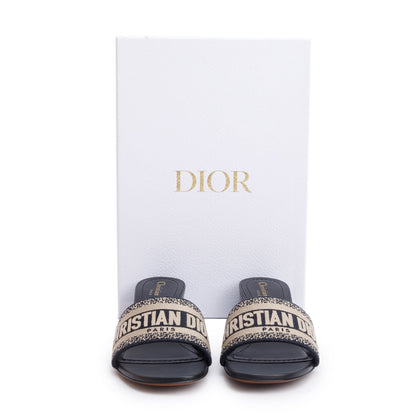 Christian Dior Deep Blue Embroidered Cotton Heeled Dway Slide, Size 39