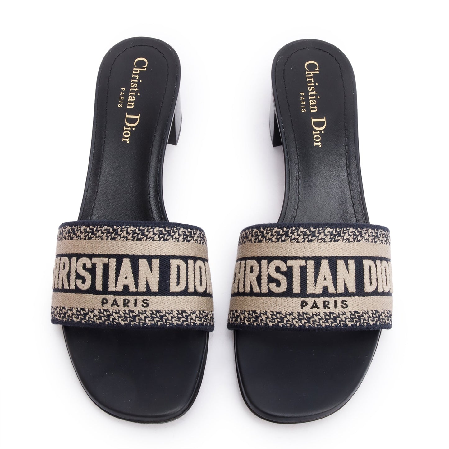 Christian Dior Deep Blue Embroidered Cotton Heeled Dway Slide, Size 39