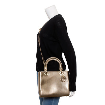 Christian Dior Gold Metallic Microcannage Patent Leather Medium Lady Dior Bag