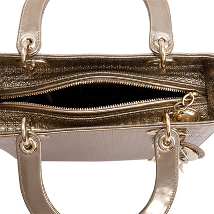 Christian Dior Gold Metallic Microcannage Patent Leather Medium Lady Dior Bag