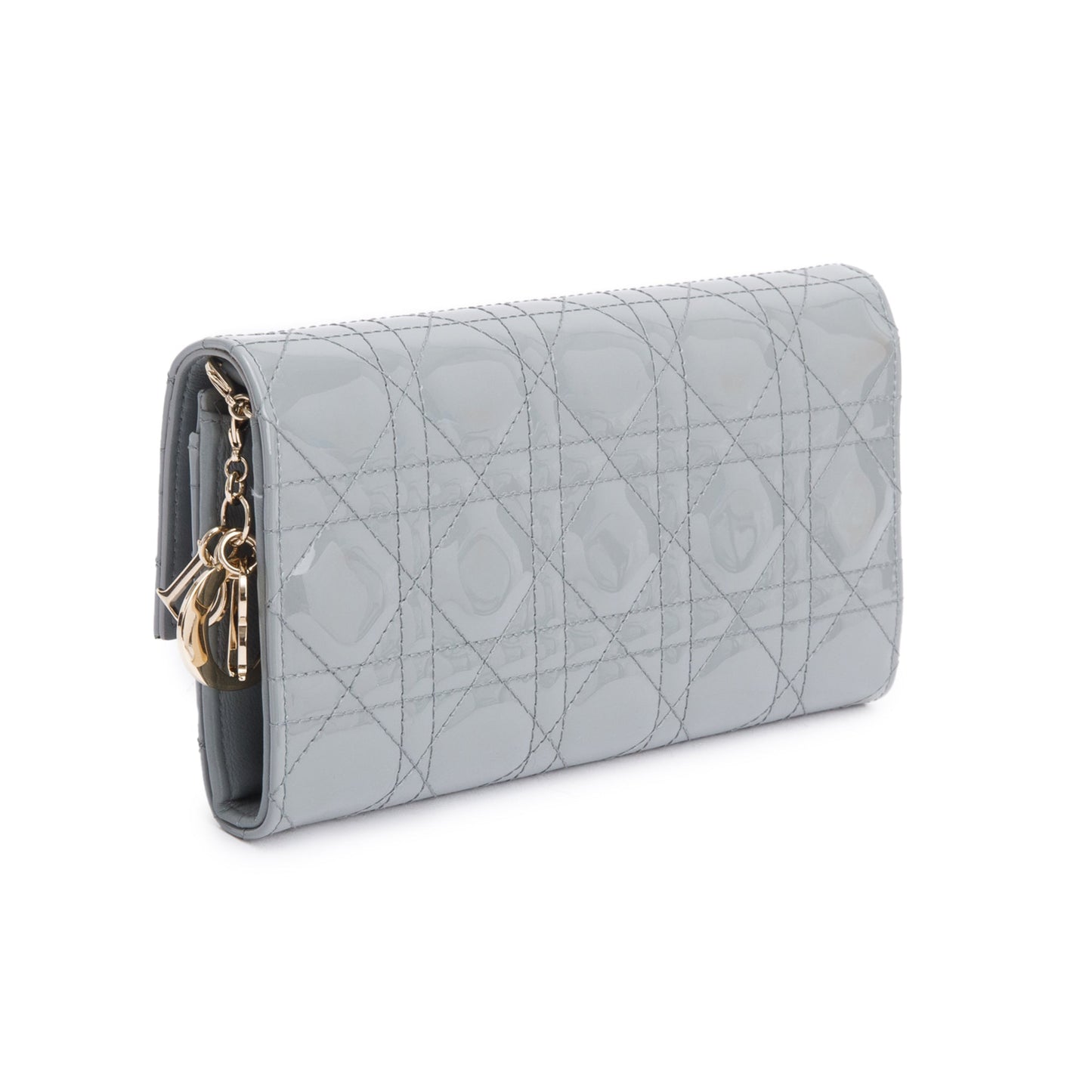 Christian Dior Grey Cannage Patent Leather Lady Dior Rendezvous Wallet on Chain