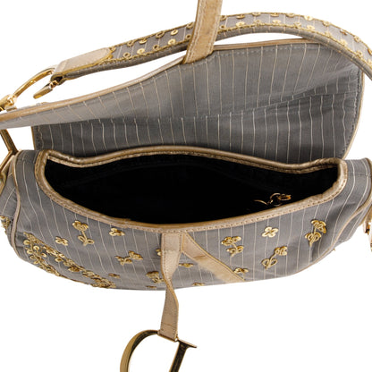 Christian Dior Limited Edition Grey Canvas Sequin-Embellished Saddle Bag