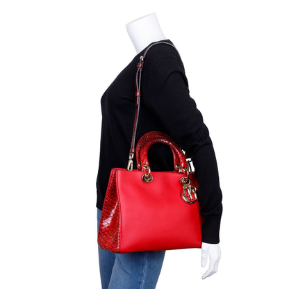 Christian Dior Medium Red Python Trimmed Calfskin Leather Diorissimo Tote