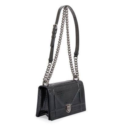 Christian Dior Metallic Grey Micro-Cannage Patent Leather Small Diorama Shoulder Bag